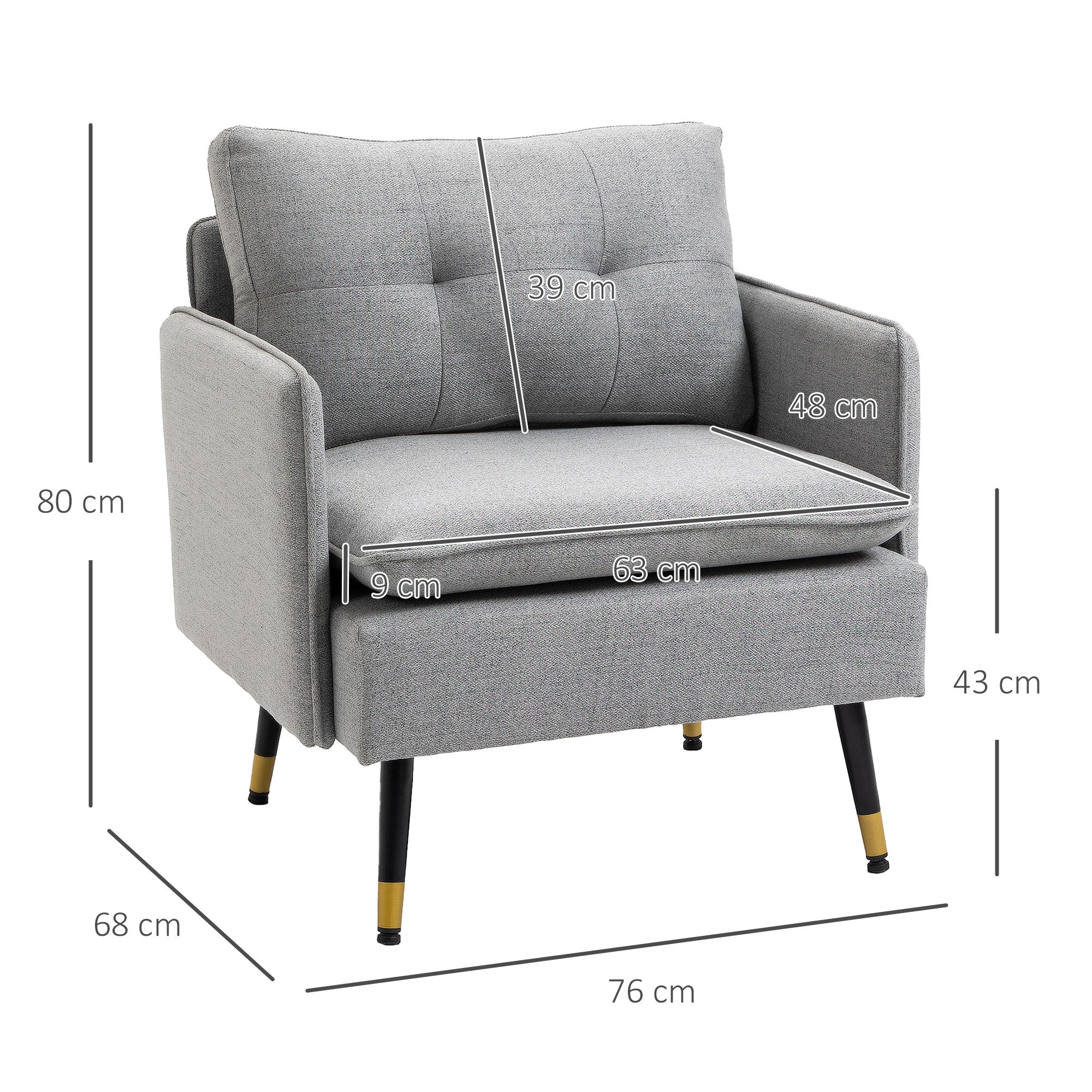 HOMCOM Modern Accent Chair, Upholstered Button Tufted Occasional Chair for Living Room and Bedroom, Grey